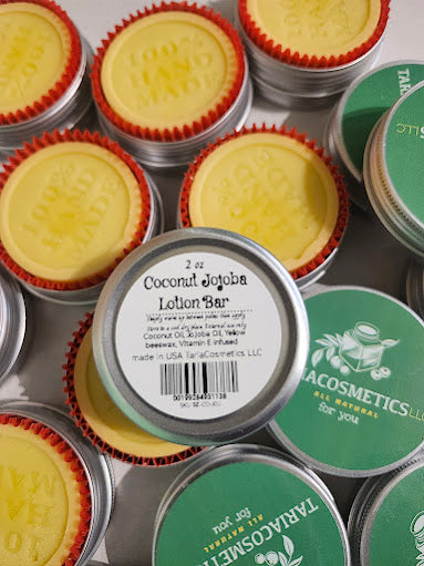 Collection of Tariacosmetics coconut jojoba lotion bars and containers.