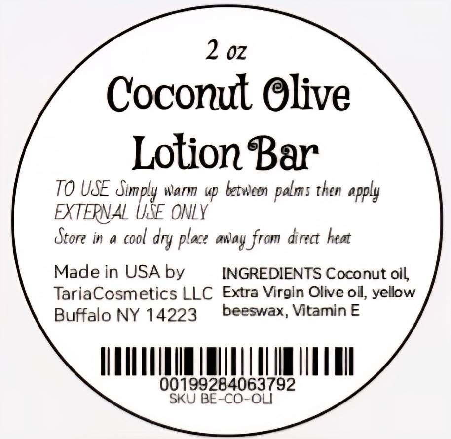 Label for a 2 oz Coconut Olive Lotion Bar with text and a barcode on a white background.