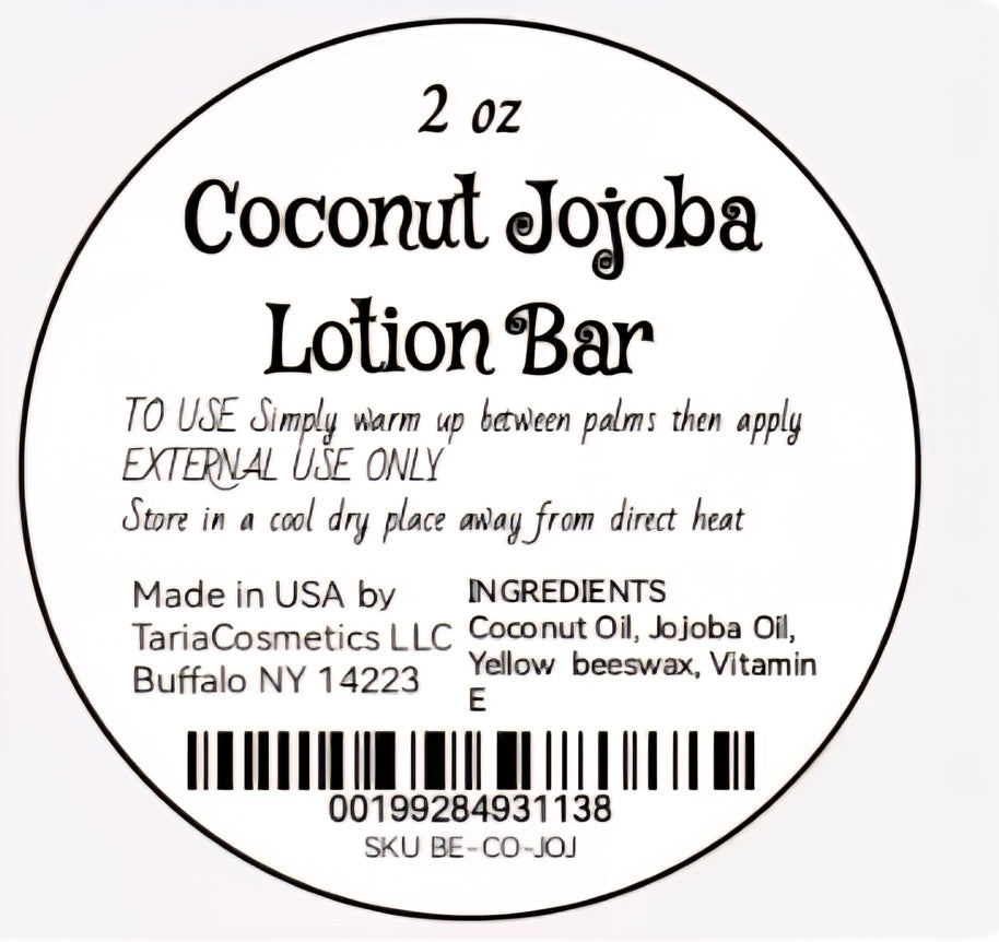 Label for a 2 oz Coconut Jojoba Lotion Bar with product details and instructions.