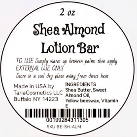 Label for Shea Almond Lotion Bar with product details and ingredients.