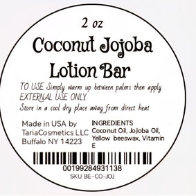 Label for a 2 oz Coconut Jojoba Lotion Bar with product details and instructions.