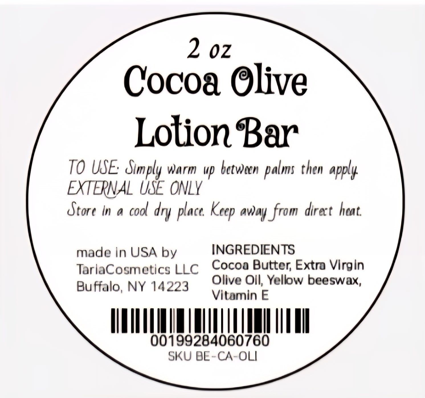Label for a 2 oz Cocoa Olive Lotion Bar with product details and usage instructions.