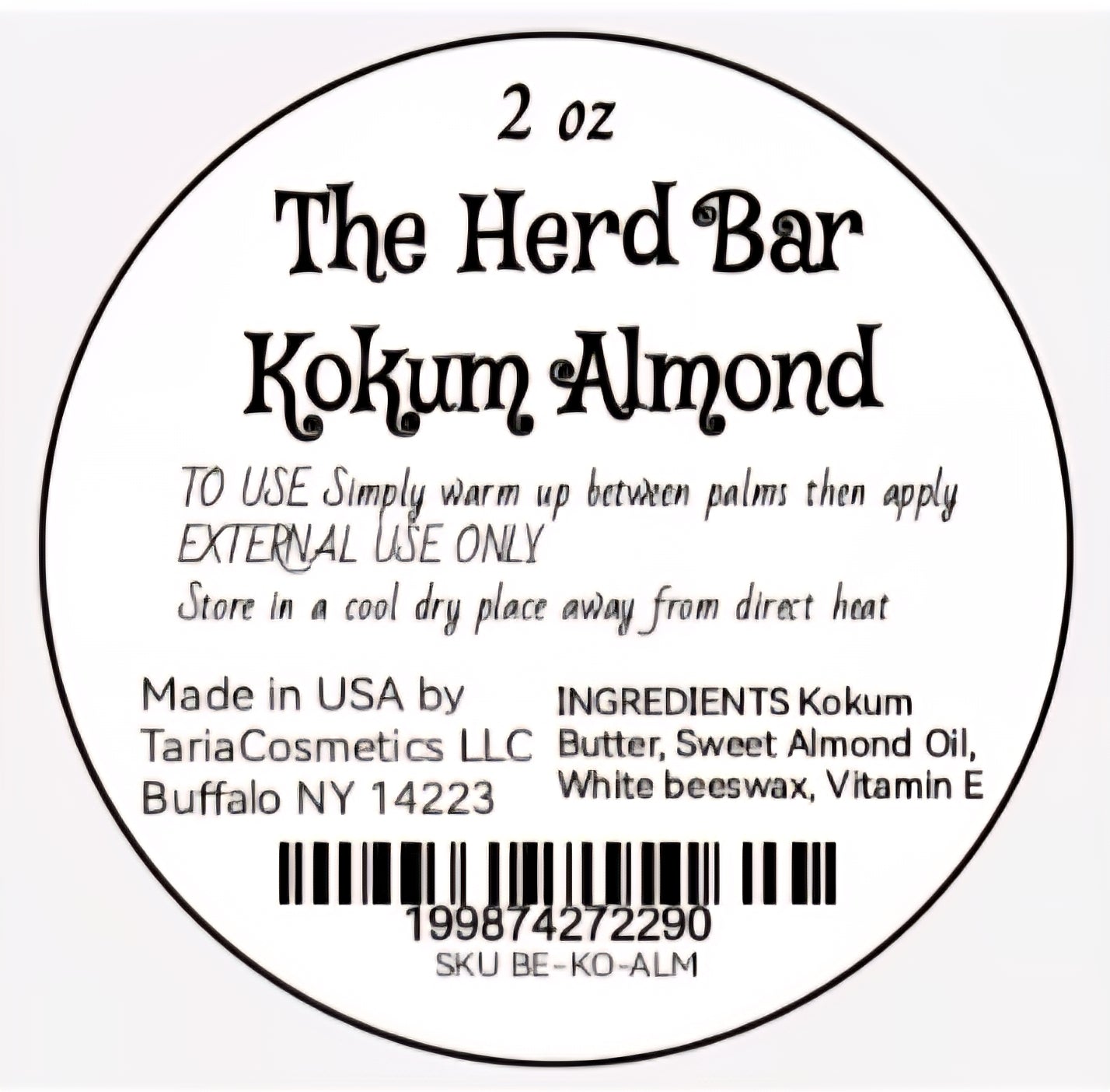 Label for 'The Herd Bar Kokum Almond' product with text and branding details.