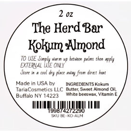 Label for 'The Herd Bar Kokum Almond' product with text and branding details.