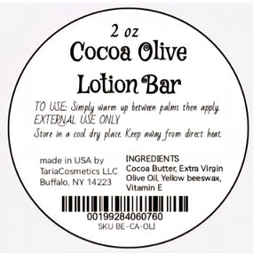 Label for a 2 oz Cocoa Olive Lotion Bar with product details and usage instructions.