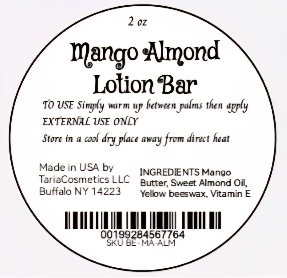 Label for a 2 oz Mango Almond Lotion Bar with product details and instructions.