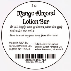Label for a 2 oz Mango Almond Lotion Bar with product details and instructions.