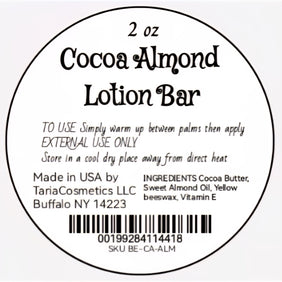 Label for a 2 oz Cocoa Almond Lotion Bar with product details and TariaCosmetics LLC information.