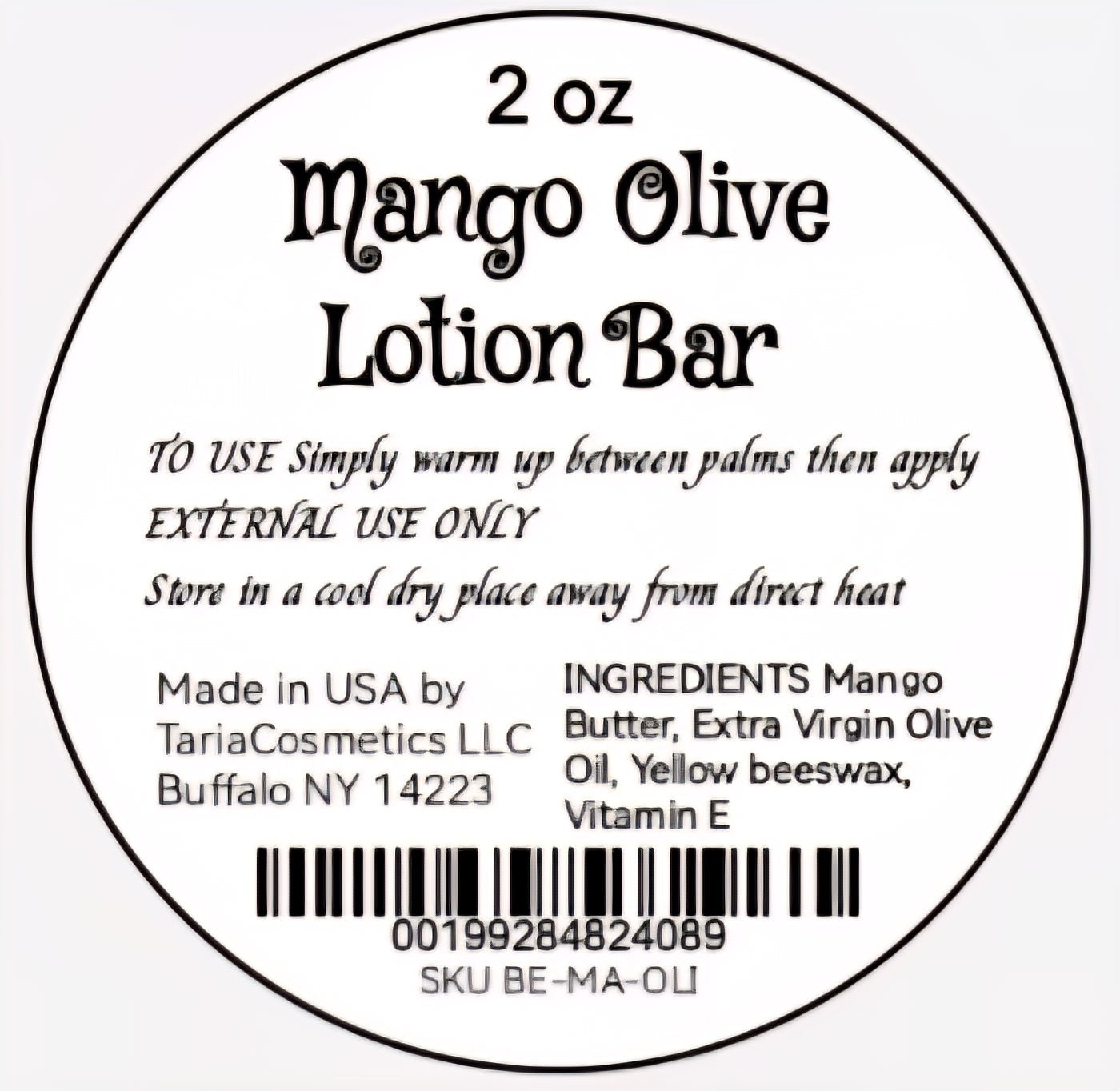 Label for a 2 oz Mango Olive Lotion Bar with product details and usage instructions.