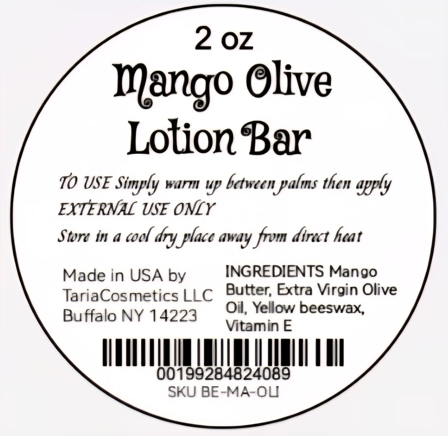 Label for a 2 oz Mango Olive Lotion Bar with product details and usage instructions.