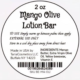 Label for a 2 oz Mango Olive Lotion Bar with product details and usage instructions.