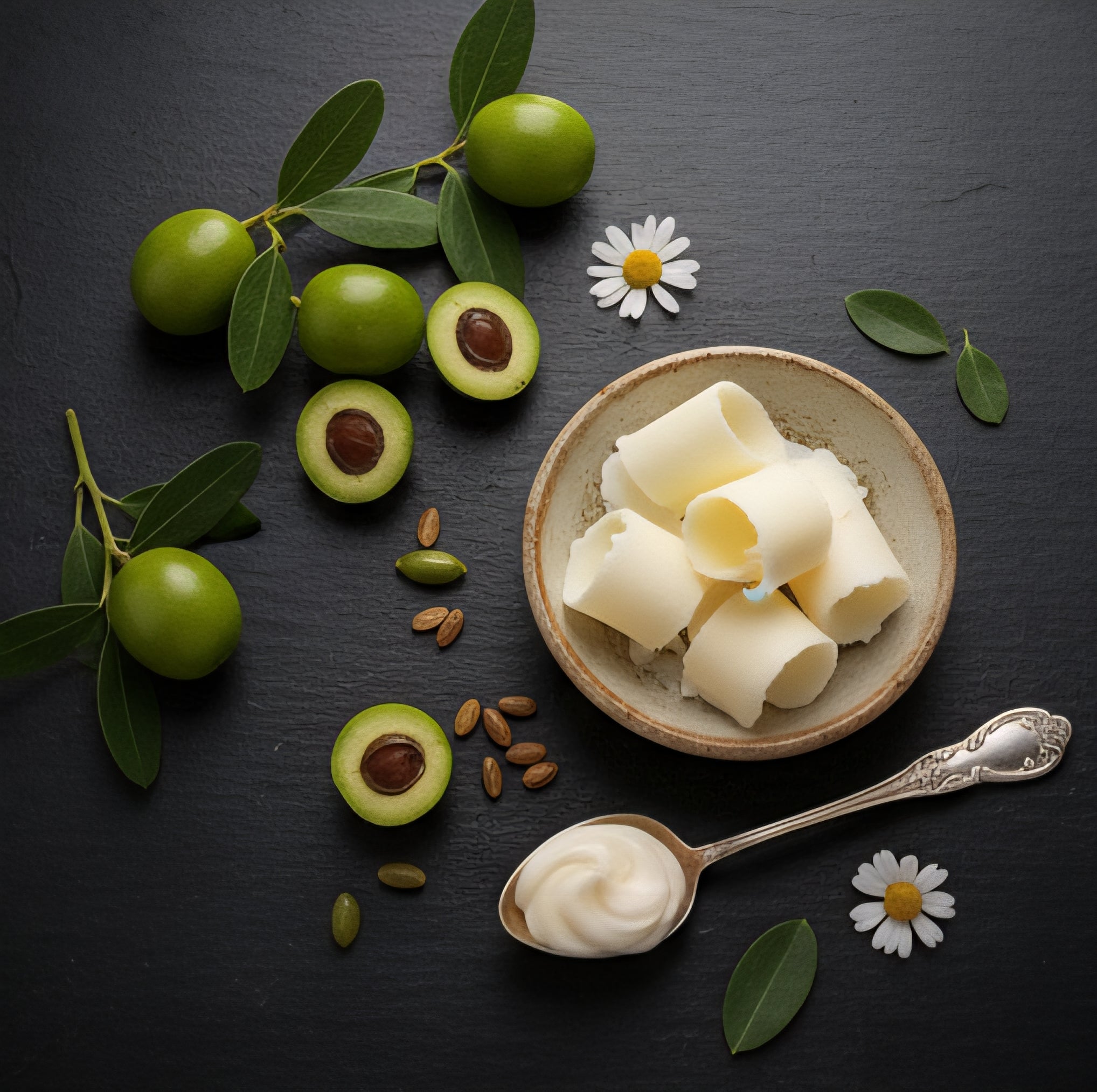 Green olives, a bowl of kokum butter, and a spoonful of kokum butter on a dark surface with leaves and flowers.