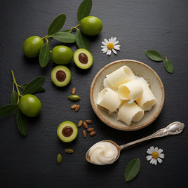 Green olives, a bowl of kokum butter, and a spoonful of kokum butter on a dark surface with leaves and flowers.