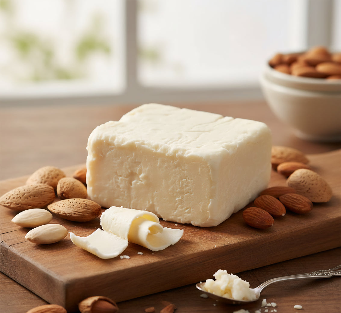 Block of kokum butter on a wooden board with almonds around it.