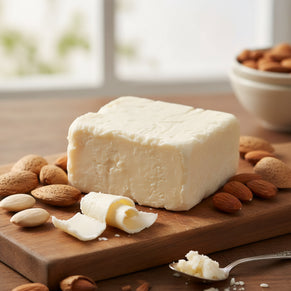 Block of kokum butter on a wooden board with almonds around it.