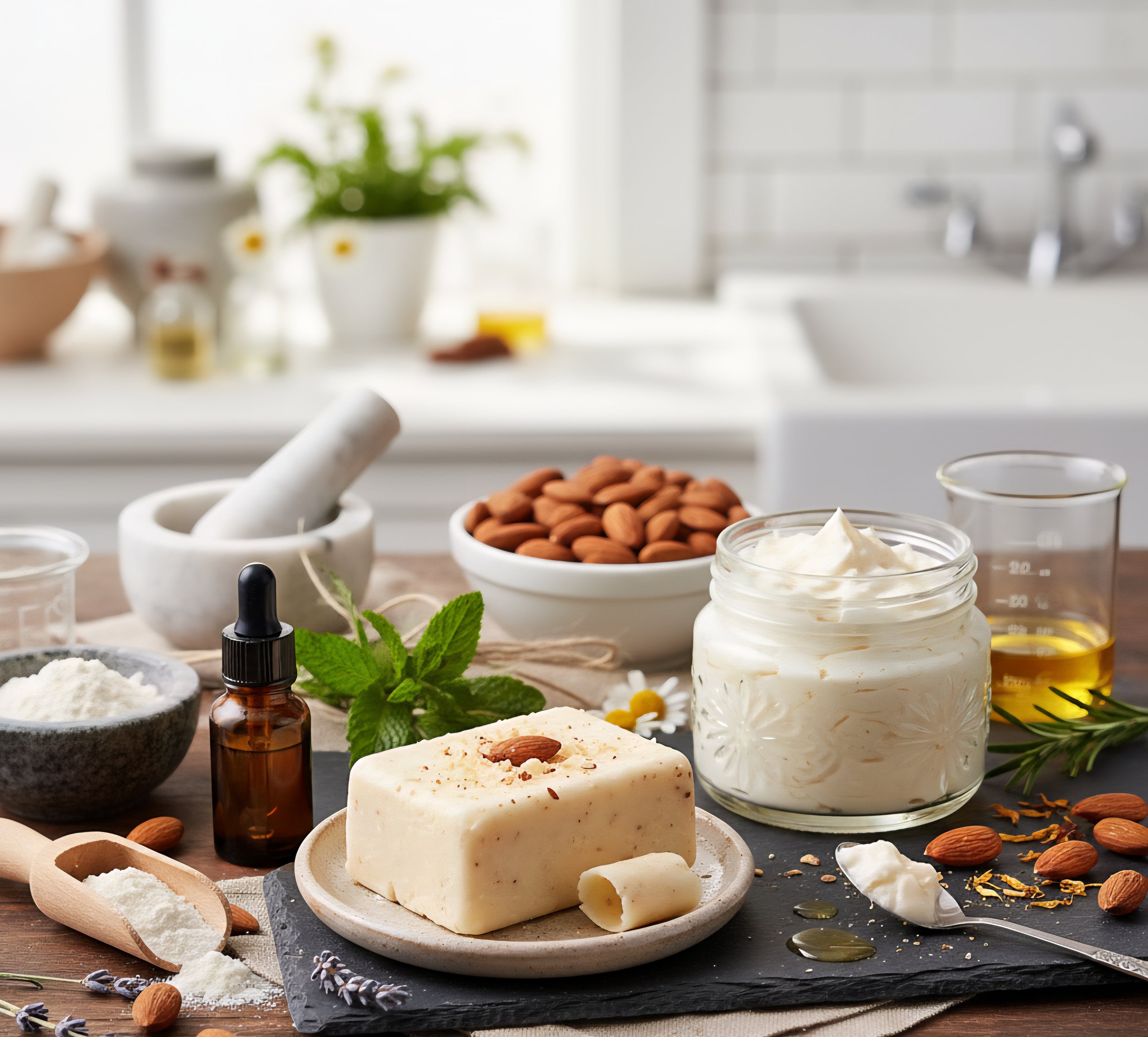 Kitchen counter with ingredients and a jar of kokum butter, blurred background